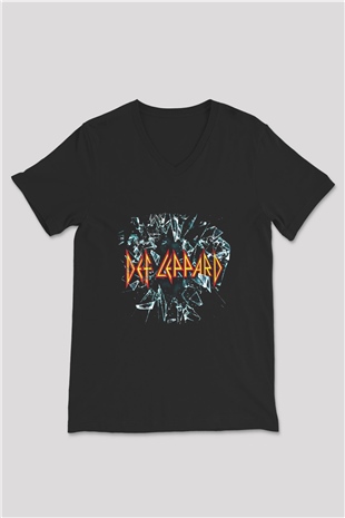 Def Leppard Baskılı Unisex Siyah V Yaka Tişört