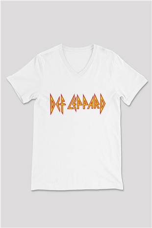 Def Leppard Beyaz Unisex V Yaka Tişört T-Shirt