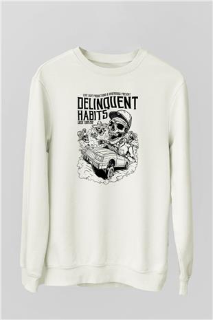 Delinquent Habits Baskılı Beyaz Unisex Sweatshirt