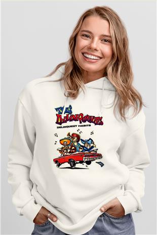 Delinquent Habits Baskılı Beyaz Unisex Kapüşonlu Sweatshirt