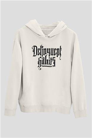Delinquent Habits Baskılı Beyaz Unisex Kapüşonlu Sweatshirt