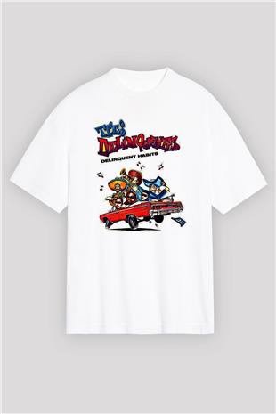 Delinquent Habits Baskılı Beyaz Unisex Oversize Tişört - Tshirt