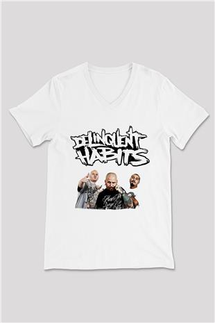 Delinquent Habits Baskılı Beyaz Unisex V Yaka Tişört - Tshirt