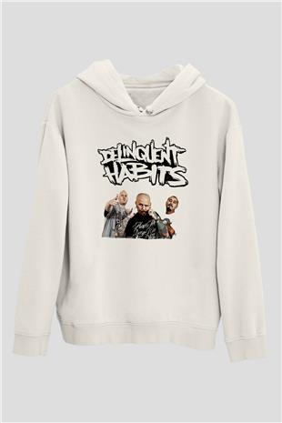 Delinquent Habits Baskılı Beyaz Unisex Kapüşonlu Sweatshirt