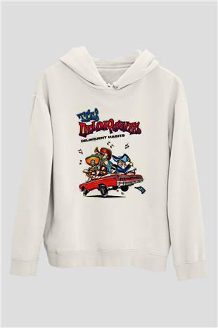 Delinquent Habits Baskılı Beyaz Unisex Kapüşonlu Sweatshirt