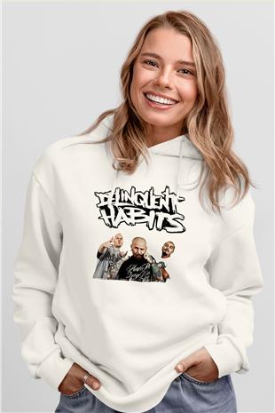 Delinquent Habits Baskılı Beyaz Unisex Kapüşonlu Sweatshirt