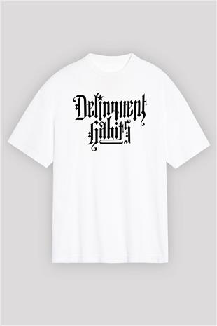 Delinquent Habits Baskılı Beyaz Unisex Oversize Tişört - Tshirt