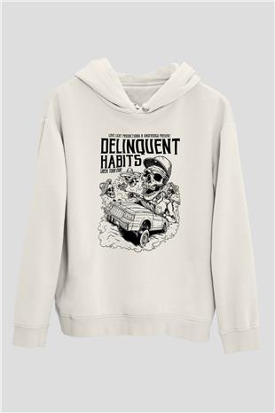 Delinquent Habits Baskılı Beyaz Unisex Kapüşonlu Sweatshirt