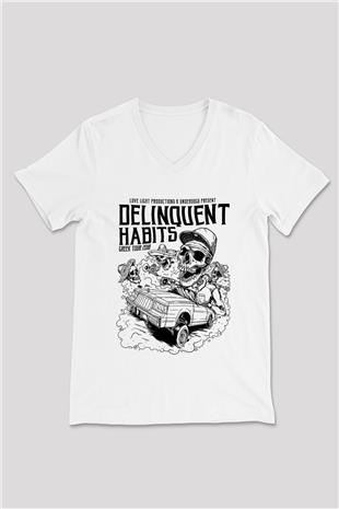 Delinquent Habits Baskılı Beyaz Unisex V Yaka Tişört - Tshirt