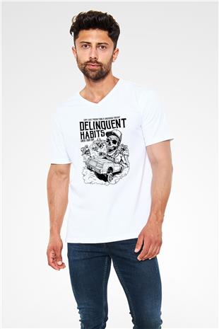 Delinquent Habits Baskılı Beyaz Unisex V Yaka Tişört - Tshirt