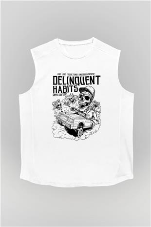 Delinquent Habits Baskılı Beyaz Unisex Kolsuz Tişört - Tshirt