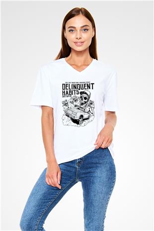 Delinquent Habits Baskılı Beyaz Unisex V Yaka Tişört - Tshirt
