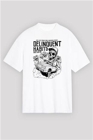 Delinquent Habits Baskılı Beyaz Unisex Oversize Tişört - Tshirt