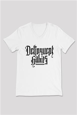 Delinquent Habits Baskılı Beyaz Unisex V Yaka Tişört - Tshirt