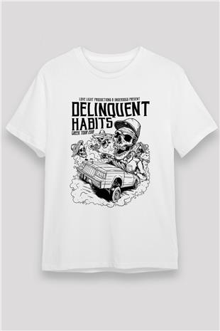 Delinquent Habits Baskılı Unisex Beyaz Tişört - Tshirt