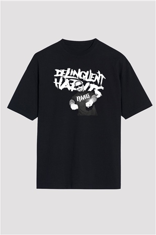 Delinquent Habits Baskılı Unisex Siyah Oversize Tişört - Tshirt