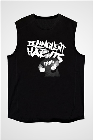 Delinquent Habits Baskılı Unisex Siyah Kolsuz Tişört - Tshirt