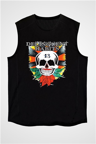 Delinquent Habits Baskılı Unisex Siyah Kolsuz Tişört - Tshirt