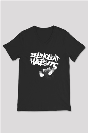 Delinquent Habits Baskılı Unisex Siyah V Yaka Tişört - Tshirt