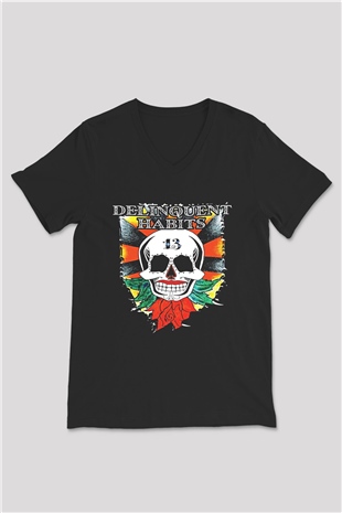 Delinquent Habits Baskılı Unisex Siyah V Yaka Tişört - Tshirt