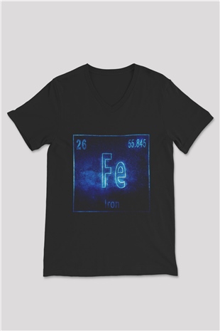 Demir Atom Numarası Baskılı Unisex Siyah V Yaka Tişört