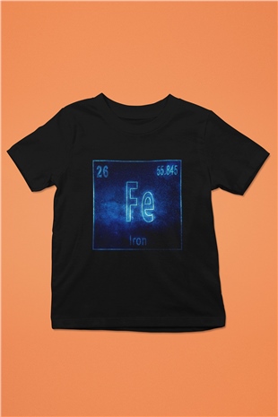 Demir Atom Numarası Baskılı Unisex Siyah Çocuk Tişört