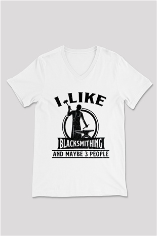 Demirci Beyaz Unisex V Yaka Tişört