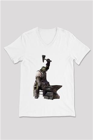 Demirci Beyaz Unisex V Yaka Tişört T-Shirt