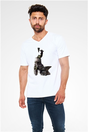 Demirci Beyaz Unisex V Yaka Tişört T-Shirt