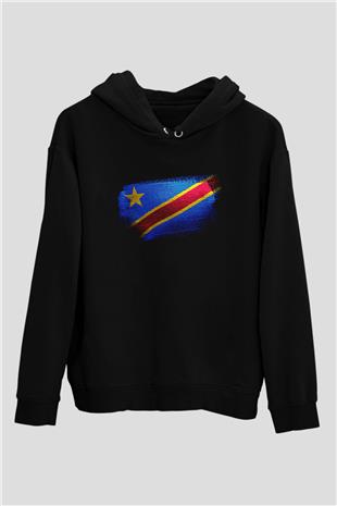 Demokratik Kongo Cumhuriyeti - Democratic Republic Congo Bayrağı Baskılı Unisex Siyah Hoodie