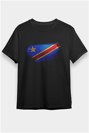 Demokratik Kongo Cumhuriyeti - Democratic Republic Congo Bayrağı Baskılı Unisex Siyah Tişört