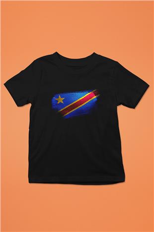 Demokratik Kongo Cumhuriyeti - Democratic Republic Congo Bayrağı Baskılı Unisex Siyah Çocuk Tişörtü