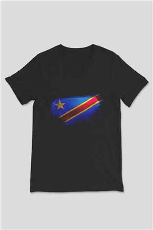 Demokratik Kongo Cumhuriyeti - Democratic Republic Congo Bayrağı Baskılı Unisex Siyah V Yaka Tişört