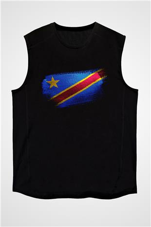 Demokratik Kongo Cumhuriyeti - Democratic Republic Congo Bayrağı Baskılı Unisex Siyah Kolsuz Tişört