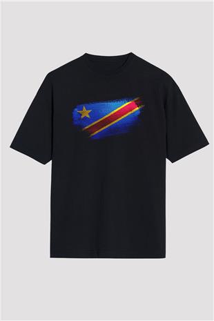 Demokratik Kongo Cumhuriyeti - Democratic Republic Congo Bayrağı Baskılı Unisex Siyah Oversize Tişört