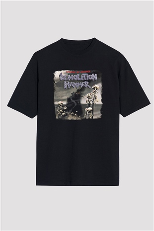 Demolition Hammer Baskılı Unisex Siyah Oversize Tişört