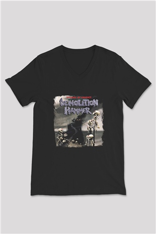 Demolition Hammer Baskılı Unisex Siyah V Yaka Tişört