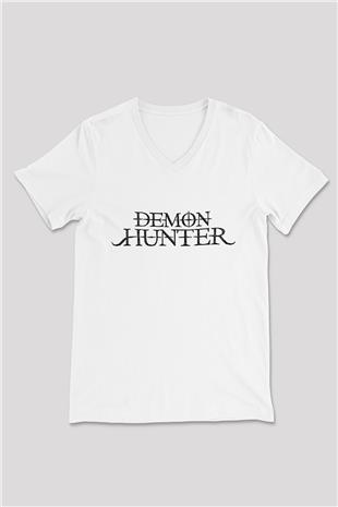 Demon Hunter Baskılı Beyaz Unisex V Yaka Tişört - Tshirt