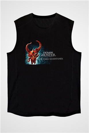 Demon Hunter Baskılı Unisex Siyah Kolsuz Tişört - Tshirt