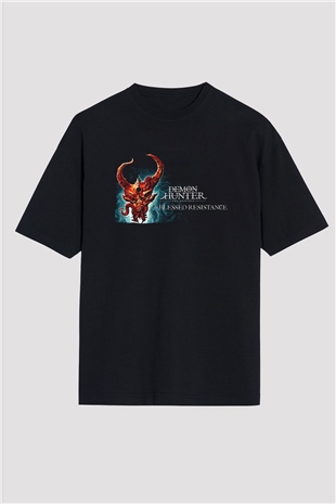Demon Hunter Baskılı Unisex Siyah Oversize Tişört - Tshirt