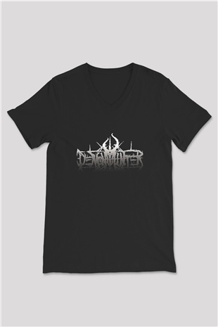 Demon Hunter Baskılı Unisex Siyah V Yaka Tişört - Tshirt