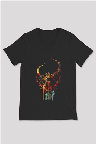 Demon Hunter Baskılı Unisex Siyah V Yaka Tişört - Tshirt