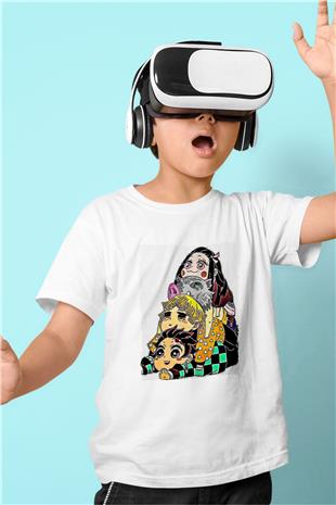 Demon Slayer Baskılı Beyaz Unisex Beyaz Çocuk Tişört - Tshirt