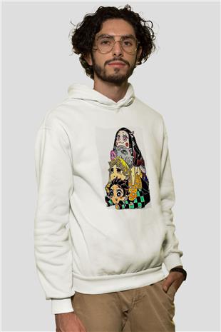 Demon Slayer Baskılı Beyaz Unisex Hoodie