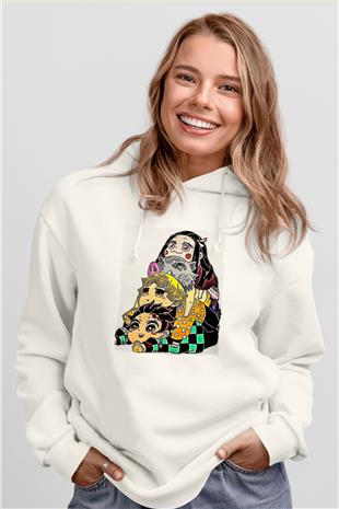 Demon Slayer Baskılı Beyaz Unisex Hoodie