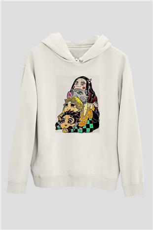 Demon Slayer Baskılı Beyaz Unisex Hoodie