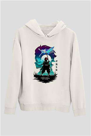 Demon Slayer Baskılı Beyaz Unisex Hoodie