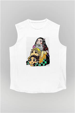 Demon Slayer Baskılı Beyaz Unisex Kolsuz Tişört - Tshirt