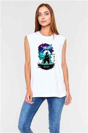 Demon Slayer Baskılı Beyaz Unisex Kolsuz Tişört - Tshirt