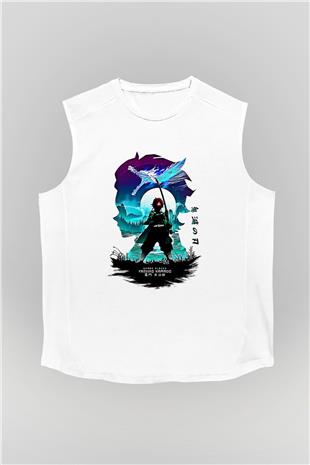 Demon Slayer Baskılı Beyaz Unisex Kolsuz Tişört - Tshirt
